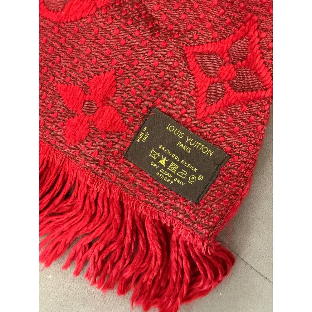 Flat $200 Sale Louis Vuitton Logomania Scarf Ruby Red‎ Wool Silk Monogram M72432